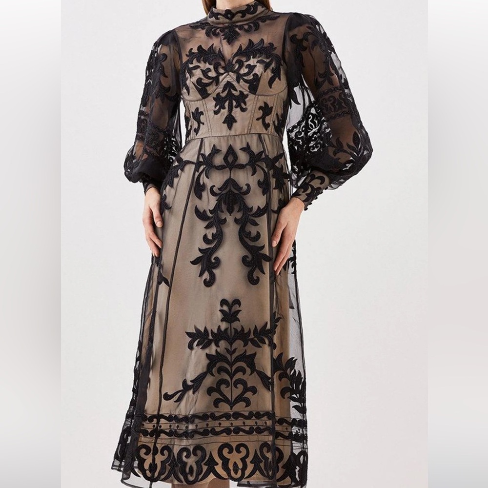 sheer beaded dark floral lace corset midi dress - Picture 4 of 10